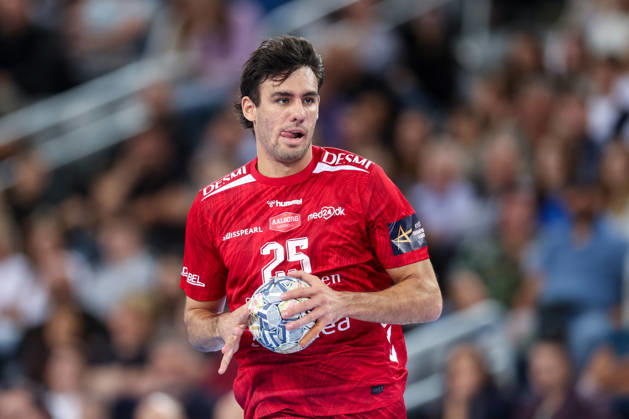 HC Zagreb v Aalborg Handbold - EHF Champions League Men Group Phase - Group C ZAGREB, CROATIA - OCTOBER 8: Marinus Munk of aalborg Handbold during the EHF Champions League match between HC Zagreb and Aalborg Handbold at Arena Zagreb on October 8, 2026 in Zagreb, Croatia.  IgorxKralj PIXSELL