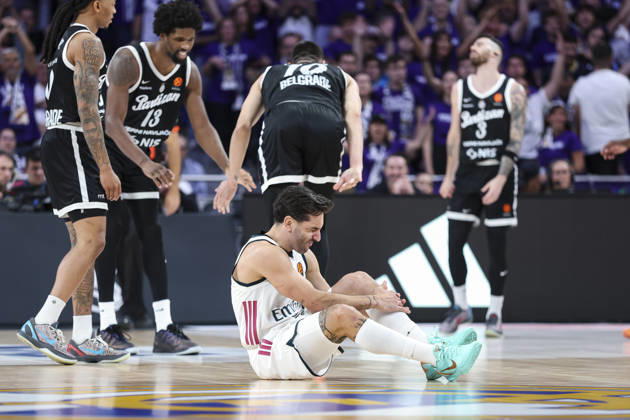 October 8, 2026, Madrid, Madrid, Spain: Facundo Campazzo of Real Madrid hurts during the Euroleague Basketball Regular Season Round 4 game between Real Madrid v Partizan Mozzart Bet Belgrade at Movistar Arena on October 08, 2026 in Madrid, Spain. Madrid Spain - ZUMAa181 20261008_zaa_a181_250 Copyright: xIrinaxR.xHipolitox