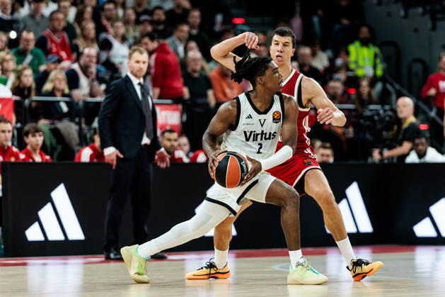 MUNICH, GERMANY - OCTOBER 08: Marcus Carr (Virtus Bologna, 2) controls the ball against Vladimir Lucic (FC Bayern Muenchen, 11) during the Turkish Airlines EuroLeague match between FC Bayern Muenchen vs. Virtus Bologna at SAP Garden on round 4 of Turkish Airlines EuroLeague on October 08, 2026 in Munich, Germany. Bavaria Germany Copyright: xSteffiexWunderlx