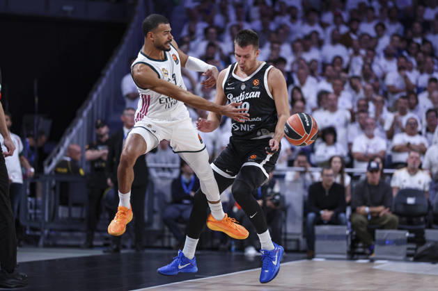 October 8, 2026, Madrid, Madrid, Spain: Timothe Luwawu-Cabarr Ot of Real Madrid and Arijan Lakic of Partizan Mozzart Bet Belgrade in action during the Euroleague Basketball Regular Season Round 4 game between Real Madrid v Partizan Mozzart Bet Belgrade at Movistar Arena on October 08, 2026 in Madrid, Spain. Madrid Spain - ZUMAa181 20261008_zaa_a181_251 Copyright: xIrinaxR.xHipolitox