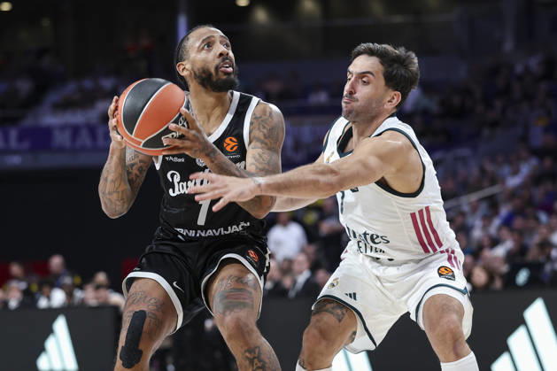 October 8, 2026, Madrid, Madrid, Spain: Carlik Jones of Partizan Mozzart Bet Belgrade and Facundo Campazzo of Real Madrid in action during the Euroleague Basketball Regular Season Round 4 game between Real Madrid v Partizan Mozzart Bet Belgrade at Movistar Arena on October 08, 2026 in Madrid, Spain. Real Madrid V Partizan Mozzart Bet Belgrade - Euroleague 2025 2026  - ZUMAa181 20261008_zaa_a181_253 Copyright: xIrinaxR.xHipolitox