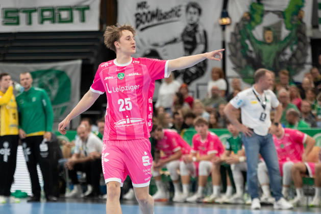 Handball, HBL2: SC DHfK Leipzig - TuS N-Lübbecke; 08.10.2026 Caspar Gauer (25, SC DHfK Leipzig). Handball, 2. Bundesliga, Saison 2026 2027, 7. Spieltag: SC DHfK Leipzig vs. TuS N-Lübbecke am 08.10.2026 in der Quarterback Immobilien Arena Leipzig. Copyright: xBEAUTIFULxSPORTS JanxKaeferx