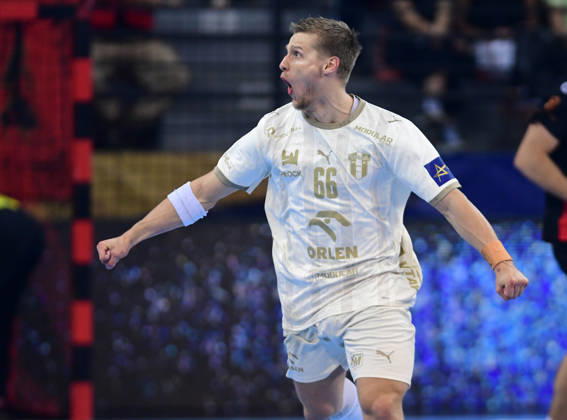 EHF CHAMPIONS LEAGUE.Frederik Bjerre from HC Orlen Wisla Plock celebrates during EHF Champiosn League group phase match between HC Vardar and HC Orlen Wisla Plock in Skopje, North Macedonia, October 19 2026.IMAGo PETR STOJANOVSKI