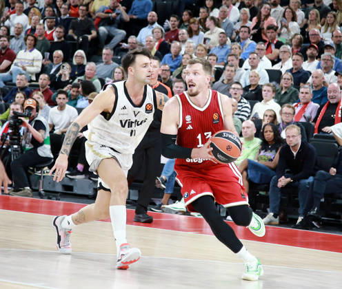 von links Tommaso BALDASSO (Bologna),Andreas OBST (Muenchen), Basketball, Euro Le<mbague, 2026 27, FC Bayern München vs Virtus Bologna, 08.10.26, SAP Garden, Muenchen Copyright: WolfgangxFehrmann