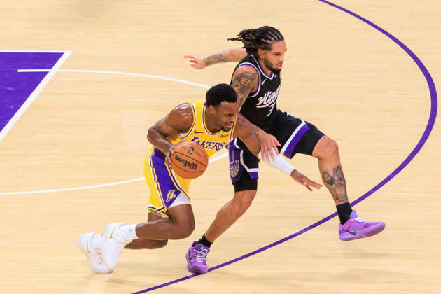 October 8, 2026, Los Angeles, California, USA: Bronny James 9 of the Los Angeles Lakers tries to drive past Emanuel Sharp 34 of the Sacramento Kings during a preseason NBA, Basketball Herren, USA game on Thursday October 8, 2026 at Crypto.com Arena in Los Angeles, California. JAVIER ROJAS PI Los Angeles USA - ZUMAp124 20261008_zaa_p124_010 Copyright: xJavierxRojasx