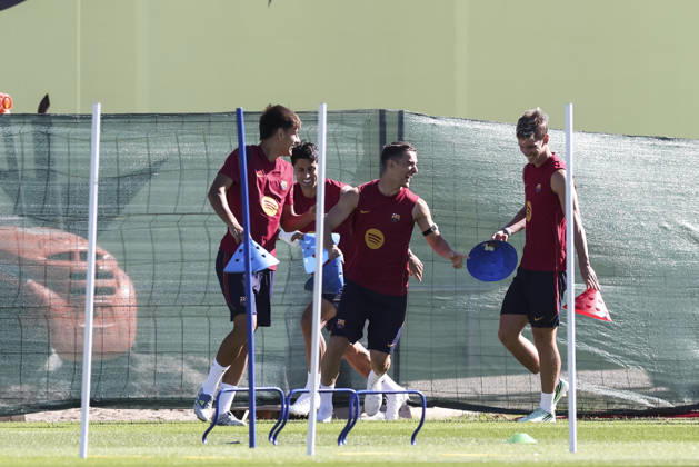 October 9, 2026, Sant Joan Despi, Barcelona, Spain: Gavi, Dani Olmo, Joao Cancelo and Brian Farinas during the training day of FC Barcelona, Barca ahead the Spanish League, Laliga EA Sports, football match against Getafe CF at Ciudad Esportiva Joan Gamper on October 09, 2026 in Sant Joan Despi, Barcelona, Spain. Sant Joan Despi Spain - ZUMAa181 20261009_zaa_a181_001 Copyright: xJavierxBorregox