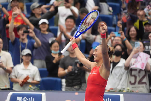 (261009) -- BEIJING, Oct. 9, 2026 -- Zheng Qinwen celebrates after winning the women s singles quarterfinal match between Zheng Qinwen of China and Elina Svitolina of Ukraine at 2026 China Open tennis tournament in Beijing, China, Oct. 9, 2026. ) (SP)CHINA-BEIJING-TENNIS-CHINA OPEN-WOMEN S SINGLES (CN) XiexHan 