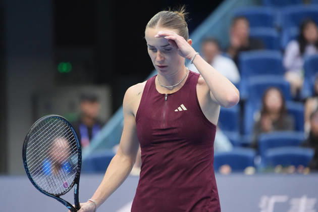 (261009) -- BEIJING, Oct. 9, 2026 -- Elina Svitolina reacts during the women s singles quarterfinal match between Zheng Qinwen of China and Elina Svitolina of Ukraine at 2026 China Open tennis tournament in Beijing, China, Oct. 9, 2026. ) (SP)CHINA-BEIJING-TENNIS-CHINA OPEN-WOMEN S SINGLES (CN) XiexHan 
