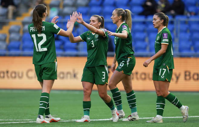 2027 FIFA Women s World Cup Round One Qualifying Play-off First Leg, Astana Arena, Astana, Kazakhstan 9 10 2026 Kazakhstan vs Republic of Ireland Ireland™s Chloe Mustaki celebrates scoring her sides second goal with teammates Chloe Mustaki celebrates scoring her sides second goal with teammates 9 10 2026  Copyright: xx BASN3417