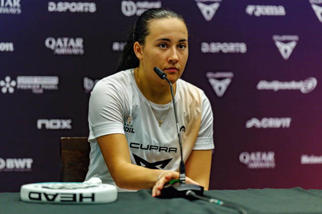 DÜSSELDORF, GERMANY - 9 OCTOBER 2026: Image shows press conference, PK, Pressekonferenz with Andrea Ustero Prieto (ESP) during CUPRA Germany Premier Padel P2 2026 Day 6: Quarterfinals at CASTELLO Düsseldorf on 9 10 2026 in Düsseldorf, Germany. Germany Copyright: xFröhlichxPascalx