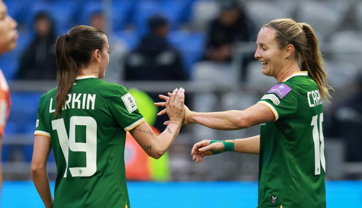 2027 FIFA Women s World Cup Round One Qualifying Play-off First Leg, Astana Arena, Astana, Kazakhstan 9 10 2026 Kazakhstan vs Republic of Ireland Ireland™s Kyra Carusa celebrates a goal with Abbie Larkin Kyra Carusa celebrates a goal with Abbie Larkin 9 10 2026  Copyright: xx BASN3537