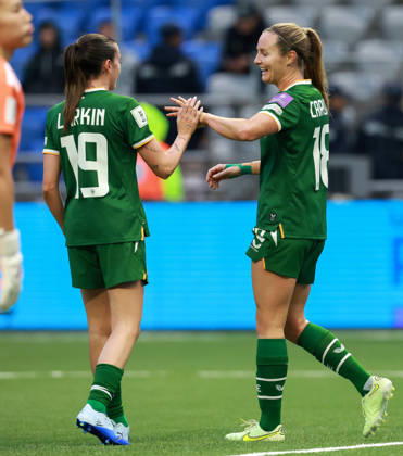 2027 FIFA Women s World Cup Round One Qualifying Play-off First Leg, Astana Arena, Astana, Kazakhstan 9 10 2026 Kazakhstan vs Republic of Ireland Ireland™s Kyra Carusa celebrates a goal with Abbie Larkin Kyra Carusa celebrates a goal with Abbie Larkin 9 10 2026  Copyright: xx BASN3538