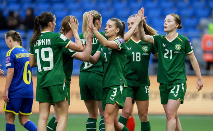 2027 FIFA Women s World Cup Round One Qualifying Play-off First Leg, Astana Arena, Astana, Kazakhstan 9 10 2026 Kazakhstan vs Republic of Ireland Ireland players celebrate a goal Ireland players celebrate a goal 9 10 2026  Copyright: xx BASN3611