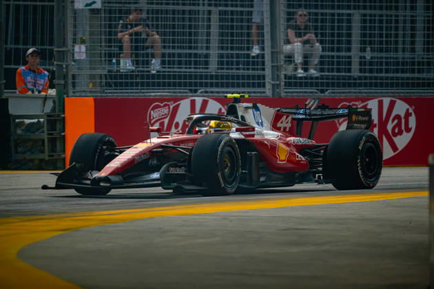 RECORD DATE NOT STATED 9th October 2026; Marina Bay, Singapore; Formula 1, Singapore Grand Prix, Free Practice and Sprint Qualifying Day; Lewis Hamilton (44) of Great Britain and Scuderia Ferrari HP takes the chicane at turn 17 DavidxAsh