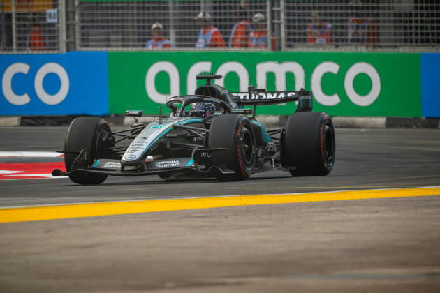 RECORD DATE NOT STATED 9th October 2026; Marina Bay, Singapore; Formula 1, Singapore Grand Prix, Free Practice and Sprint Qualifying Day; George Russell (63) of Great Britain and Mercedes-AMG PETRONAS Formula One Team takes a tight chicane DavidxAsh