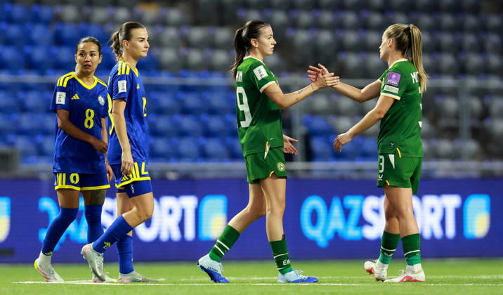 2027 FIFA Women s World Cup Round One Qualifying Play-off First Leg, Astana Arena, Astana, Kazakhstan 9 10 2026 Kazakhstan vs Republic of Ireland Ireland™s Abbie Larkin and Chloe Mustaki celebrate after the game Abbie Larkin and Chloe Mustaki celebrate after the game 9 10 2026  Copyright: xx BASN3955