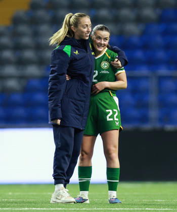 2027 FIFA Women s World Cup Round One Qualifying Play-off First Leg, Astana Arena, Astana, Kazakhstan 9 10 2026 Kazakhstan vs Republic of Ireland Ireland™s Megan Connolly and Tyler Toland celebrate after the game Megan Connolly and Tyler Toland celebrate after the game 9 10 2026  Copyright: xx BASN3961