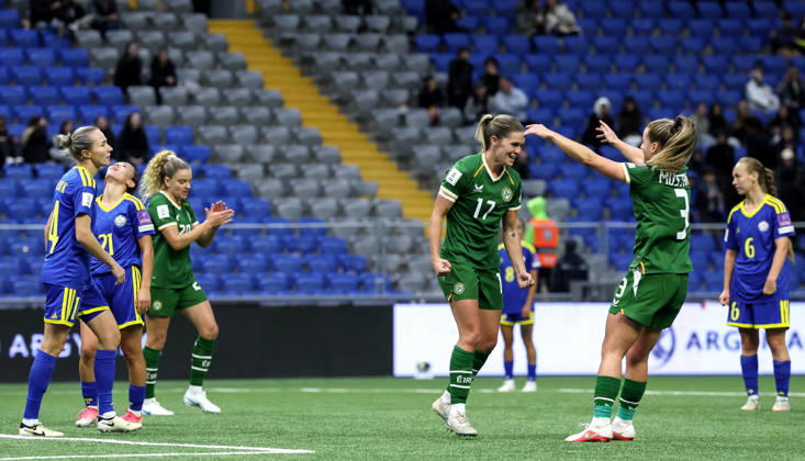 2027 FIFA Women s World Cup Round One Qualifying Play-off First Leg, Astana Arena, Astana, Kazakhstan 9 10 2026 Kazakhstan vs Republic of Ireland Ireland™s Jamie Finn celebrates scoring a goal with Chloe Mustaki Jamie Finn celebrates scoring a goal with Chloe Mustaki 9 10 2026  Copyright: xx BSNK6701