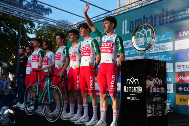 Team Polti VisitMalta during the team presentation on the eve of the 120th edition of Il Lombardia cycling race, in Bergamo on October 9, 2026, prior to the 239 km one-day race from Bergamo to Como, Italy.  Copyright: xGianxMattiaxD Alberto LaPressex