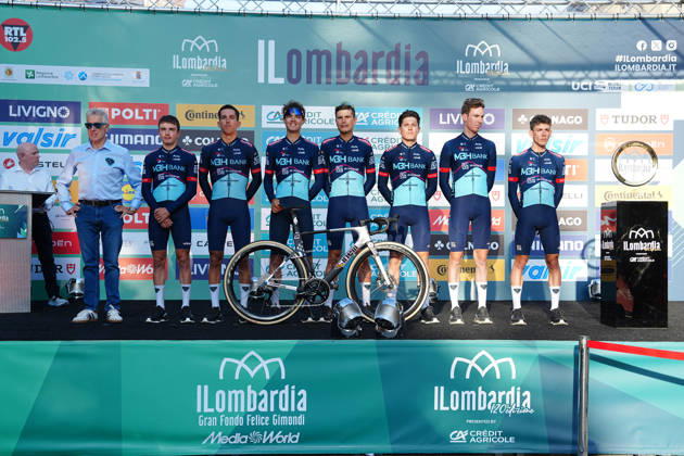 MBH Bank CSB Telecom Fort during the team presentation on the eve of the 120th edition of Il Lombardia cycling race, in Bergamo on October 9, 2026, prior to the 239 km one-day race from Bergamo to Como, Italy.  Copyright: xGianxMattiaxD Alberto LaPressex