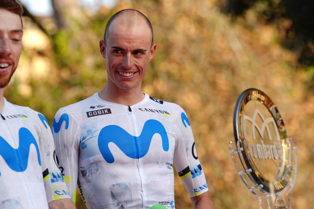 Spain s Enric Mas Nicolau of Movistar Team during the team presentation on the eve of the 120th edition of Il Lombardia cycling race, in Bergamo on October 9, 2026, prior to the 239 km one-day race from Bergamo to Como, Italy.  Copyright: xGianxMattiaxD Alberto LaPressex