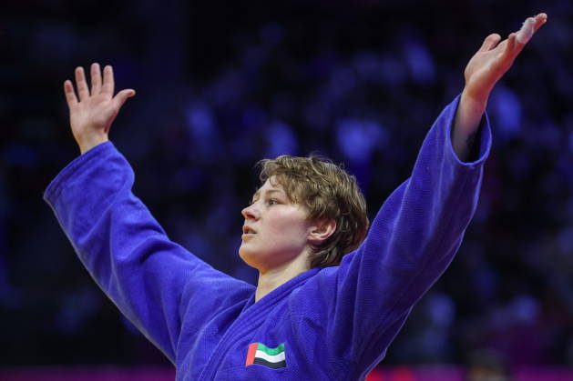 AZERBAIJAN, BAKU - OCTOBER 9, 2026: Yelizaveta Litvinenko of the UAE celebrates her victory in a -78 kg bout against Kaila Issoufi of France as part of the 2026 World Judo Championships at the National Gymnastics Arena 2026 World Judo Championships In Baku  - ZUMAt113 20261009_zaa_t113_713 Copyright: xMikhailxSinitsynx