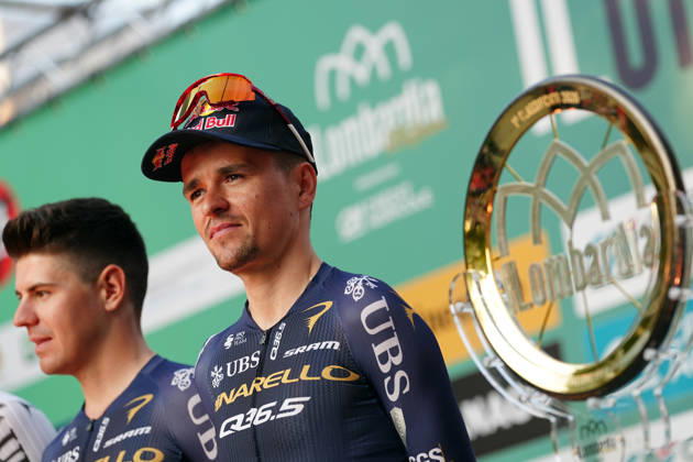 Pinarello-Q36.5 Pro Cycling Team during the team presentation on the eve of the 120th edition of Il Lombardia cycling race, in Bergamo on October 9, 2026, prior to the 239 km one-day race from Bergamo to Como, Italy.  Copyright: xGianxMattiaxD Alberto LaPressex