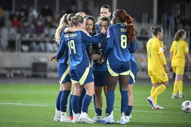 KAUNAS, LITHUANIA 20261009 Sweden s Felicia Schröder celebrates after scoring a 0-1 penalty during Friday s World Cup playoff soccer match between Lithuania and Sweden at Dariaus ir GirÃ no Stadium.