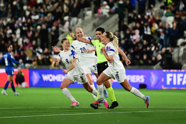 LKS 20261009 From left, FInnish players Katariina Kosola, Eveliina Summanen and Lotta Lindström celebrating 2-0 goal by Lindström during the women s World Cup European Qualifying play-off round first leg football match between Finland and Serbia in Tampere, Finland, on October 9, 2026, ahead of the 2027 FIFA Women s World Cup. - ANSSI TAKALA Tampere Finland SAko2Xln_vc  Copyright: xAnssixTakalax SAko2Xln_vc