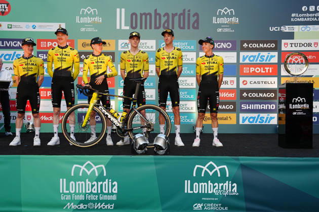 Team Visma Lease a Bike during the team presentation on the eve of the 120th edition of Il Lombardia cycling race, in Bergamo on October 9, 2026, prior to the 239 km one-day race from Bergamo to Como, Italy.  Copyright: xGianxMattiaxD Alberto LaPressex