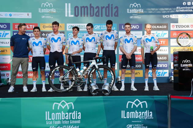 Movistar Team during the team presentation on the eve of the 120th edition of Il Lombardia cycling race, in Bergamo on October 9, 2026, prior to the 239 km one-day race from Bergamo to Como, Italy.  Copyright: xGianxMattiaxD Alberto LaPressex