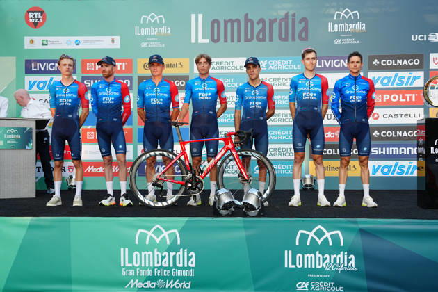 Groupama-FDJ United during the team presentation on the eve of the 120th edition of Il Lombardia cycling race, in Bergamo on October 9, 2026, prior to the 239 km one-day race from Bergamo to Como, Italy.  Copyright: xGianxMattiaxD Alberto LaPressex
