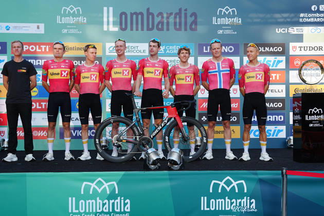 Uno-X Mobility team during the team presentation on the eve of the 120th edition of Il Lombardia cycling race, in Bergamo on October 9, 2026, prior to the 239 km one-day race from Bergamo to Como, Italy.  Copyright: xGianxMattiaxD Alberto LaPressex
