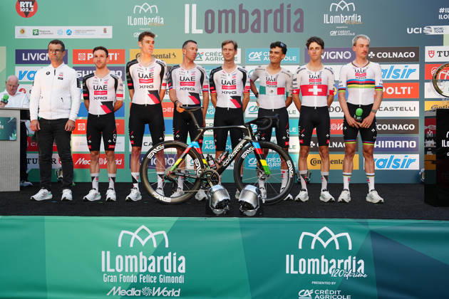 UAE Team Emirates XRG during the team presentation on the eve of the 120th edition of Il Lombardia cycling race, in Bergamo on October 9, 2026, prior to the 239 km one-day race from Bergamo to Como, Italy.  Copyright: xGianxMattiaxD Alberto LaPressex