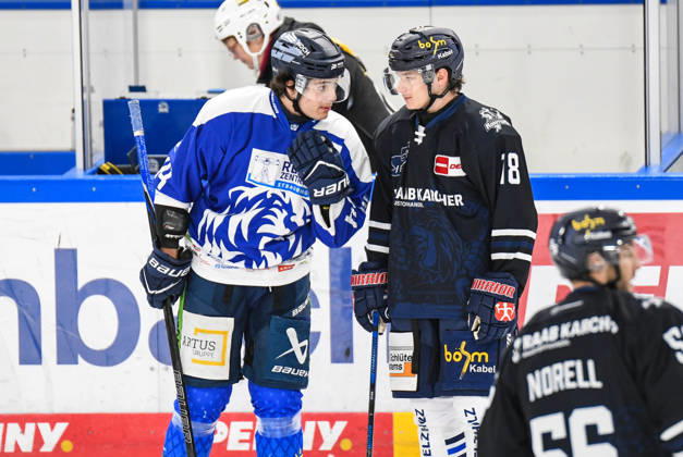 Straubing Tigers vs. Iserlohn Roosters, Eishockey, Deutsche Eishockey Liga, Penny DEL, 7.Spieltag, Saison 2026 2027, 09.10.2026 Max Bleicher (Straubing Tigers) mit Lua Niehus (Iserlohn Roosters), Eishockey Herren, Deutsche Eishockey Liga, Penny DEL, 5.Spieltag, Saison 2026 2027 am 09.10.2026 im Eisstadion am Pulverturm, Straubing Tigers (blau) gegen Iserlohn Roosters (weiss)