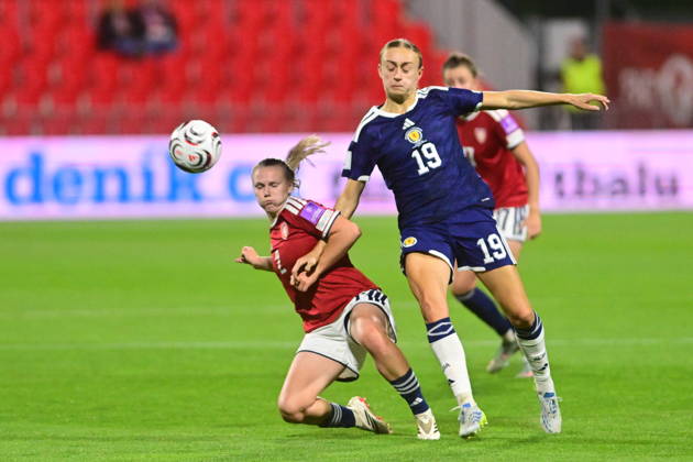 L-R Lucie Bendova (CZE) and Lauren Davidson (SCO) in action during the European qualifying part for 2027 Women s Football World Cup match: Czech Republic vs Scotland, in Pardubice, Czech Republic, on October 9, 2026. (CTKxPhoto JosefxVostarek) CTKPhotoP2026100908346  CTKPhotoP2026100908346