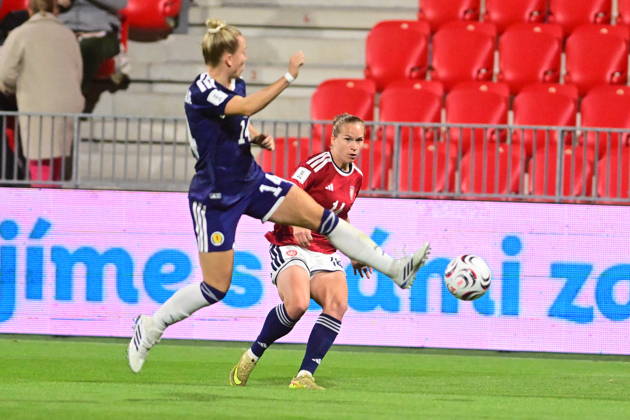 L-R Rachel McLauchlan (SCO) and Michaela Khyrova (CZE) in action during the European qualifying part for 2027 Women s Football World Cup match: Czech Republic vs Scotland, in Pardubice, Czech Republic, on October 9, 2026. (CTKxPhoto JosefxVostarek) CTKPhotoP2026100908399  CTKPhotoP2026100908399
