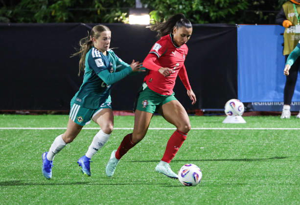 2027 FIFA Women s World Cup Round One Qualifying Play-off First Leg, Inver Park, Larne 9 10 2026 Northern Ireland vs Portugal Northern Ireland™s Emily Cassap with Portugal s Catarina Amado Emily Cassap with Catarina Amado 9 10 2026  Copyright: xx N Ireland v Portugal_035