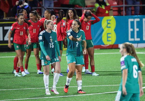 2027 FIFA Women s World Cup Round One Qualifying Play-off First Leg, Inver Park, Larne 9 10 2026 Northern Ireland vs Portugal Northern Ireland™s Ellie Mason and Rebecca Holloway after conceding a goal Ellie Mason and Rebecca Holloway after conceding a goal 9 10 2026  Copyright: xx N Ireland v Portugal_042
