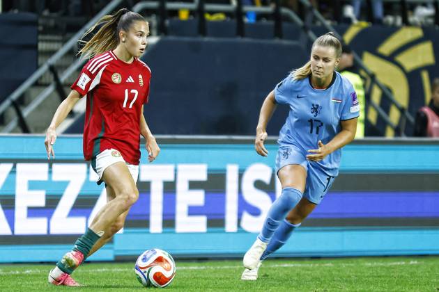 FELCSUT, 09-10-2026 , Pancho Arena, season 2026 2027 , UEFA worldcup qualification football play-offs round 1 , match between Hungary and The Netherlands (women) 1st leg , Pictures shows Netherlands player and Victoria Pelova Hungary player Borbala Vincze Hungary - Netherlands (women)  x208078126x Copyright: