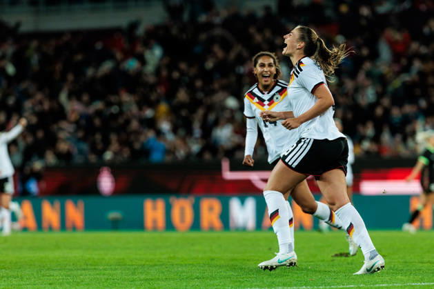 KARLSRUHE, GERMANY - OCTOBER 09: Melissa Koessler (Kössler, Germany, 18) celebrates scoring the 2:0 goal during the International Friendly, Länderspiel, Nationalmannschaft match between Germany vs. Australia at BBBank Wildpark on October 09, 2026 in Karlsruhe, Germany. Germany Copyright: xSteffiexWunderlx