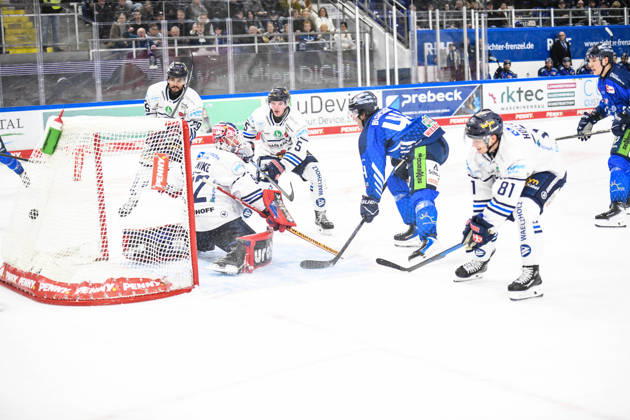 Straubing Tigers vs. Iserlohn Roosters, Eishockey, Deutsche Eishockey Liga, Penny DEL, 7.Spieltag, Saison 2026 2027, 09.10.2026 Max Bleicher (Straubing Tigers) ueberwindet Andreas Jenike (Iserlohn Roosters) und erziehlt das 1.DEL Tor, Eishockey Herren, Deutsche Eishockey Liga, Penny DEL, 5.Spieltag, Saison 2026 2027 am 09.10.2026 im Eisstadion am Pulverturm, Straubing Tigers (blau) gegen Iserlohn Roosters (weiss)