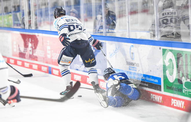 Straubing Tigers vs. Iserlohn Roosters, Eishockey, Deutsche Eishockey Liga, Penny DEL, 7.Spieltag, Saison 2026 2027, 09.10.2026 Skyler McKenzie (Straubing Tigers) rutscht in die Bande hinter Kevin Bicker (Iserlohn Roosters), Eishockey Herren, Deutsche Eishockey Liga, Penny DEL, 5.Spieltag, Saison 2026 2027 am 09.10.2026 im Eisstadion am Pulverturm, Straubing Tigers (blau) gegen Iserlohn Roosters (weiss)
