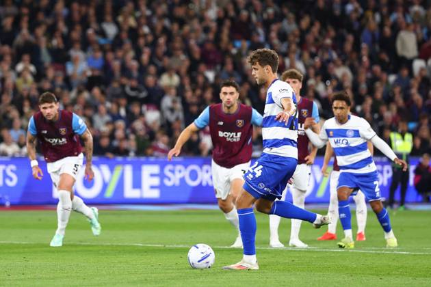 Nicolas Madsen of Queen Park Rangers scoring a goal (0-1) West Ham United v Queens Park Rangers, EFL Championship, Football, London Stadium, London, UK - 09 Oct 2026London London Stadium United Kingdom EDITORIAL USE ONLY No use with unauthorised audio, video, data, fixture lists, club league logos or live services. Online in-match use limited to 120 images, no video emulation. No use in betting, games or single club league player publications. Copyright: xSimonxDael Shutterstockx 17196556z