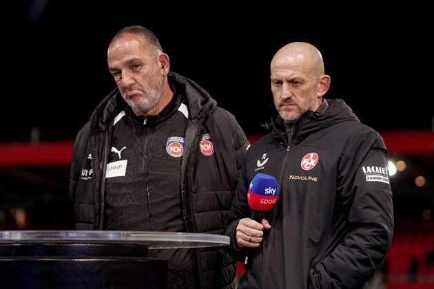 Deutschland: Fussball Saison 2026 2027 , 2. Bundesliga , 7. Spieltag , 1. FC Heidenheim vs. 1. FC Kaiserslautern - Voith-Arena (Heidenheim) : Frank Schmidt (Cheftrainer, 1. FC Heidenheim) und Torsten Lieberknecht (Cheftrainer, 1. FC Kaiserslautern) Interview, Gespräch, Portraitfoto, Portrait, Einzelaufnahme, Porträt, Mimik, Gesichtsausdruck Heidenheim Voith-Arena Deutschland Germany Copyright: xBennetxLongx