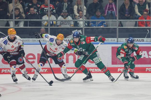 im Zweikampf, Aktion, mit Phillip Bruggisser (Fischtown Pinguins 72), Cameron Wright 16 (Augsburger Panther), Augsburger Panther vs. Fischtown Pinguins, 7. Spieltag, Eishockey, Penny-DEL, 09.10.2026 Augsburg Bayern Deutschland