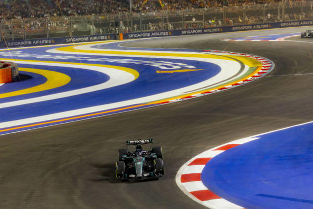 RECORD DATE NOT STATED 9th October 2026; Marina Bay, Singapore; Formula 1, Singapore Grand Prix, Free Practice and Sprint Qualifying Day; George Russell (63) of Great Britain and Mercedes-AMG PETRONAS Formula One Team during qualifying StephenxBlackberry