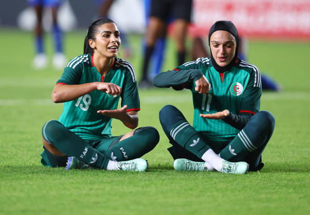 Algerie vs Republique centrafricaine feminine (Qualifications JO Bahlouli Nesrine Jamila (L) Boussaha Lina (R), Joueuse d Algerie celebre le Bute contre Republique centrafricaine, lors du match Algerie contre Republique centrafricaine feminine, Qualifications JO Los Angeles 2028, au Stade de 5 Juillet a Alger, en Algerie, le 09 Octobre 2026 (Photo By Billel Bensalem APPImages) Alger Algerie Copyright: xAlgÃ riexPressexPhotosxAPPxBillelxBensalemx xAPPxImagesx 176A2202.jpeg