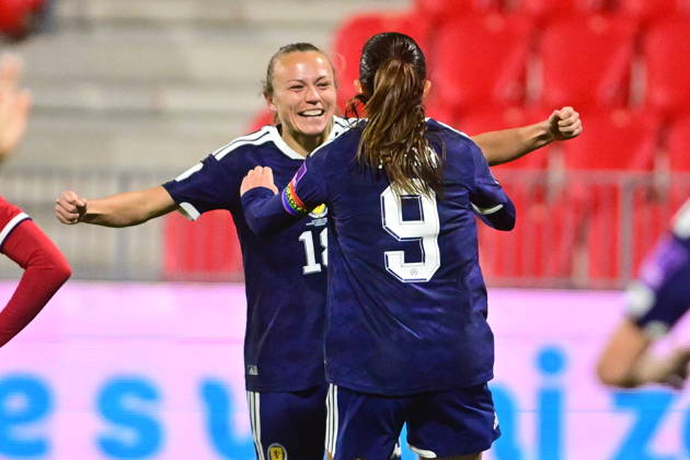 Claire Emslie (SCO), left, celebrates her goal in the European qualifying part for 2027 Women s Football World Cup match: Czech Republic vs Scotland, in Pardubice, Czech Republic, on October 9, 2026. (CTKxPhoto JosefxVostarek) CTKPhotoP2026100908695  CTKPhotoP2026100908695