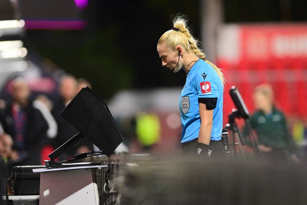 Head referee Hristiyana Guteva is monitoring the Video Assistant Referee (VAR) in the European qualifying part for 2027 Women s Football World Cup match: Czech Republic vs Scotland, in Pardubice, Czech Republic, on October 9, 2026. (CTKxPhoto JosefxVostarek) CTKPhotoP2026100908946  CTKPhotoP2026100908946